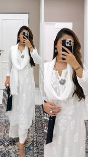 White Designer Chikankari Special Kurta With Palazza Set