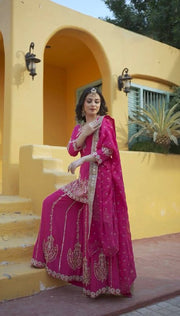 Elegant Chinon Silk Kurti Sharara Set with Embroidered Dupatta.